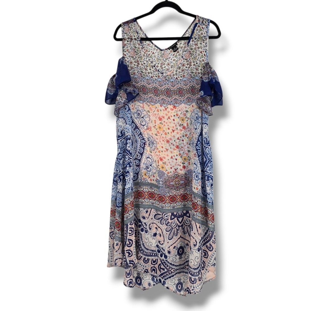 New Directions Women XL Cold Shoulder Paisley Floral Mixed Print Chiffon Dress